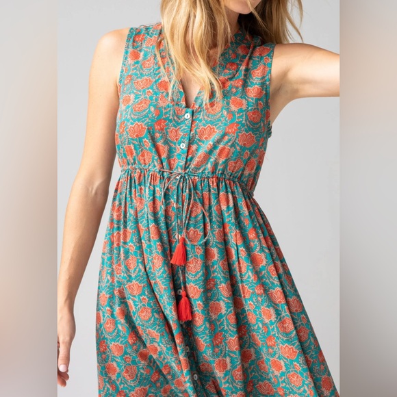 Turquoise Vines Amelia Sleeveless Shirt Dress with Cinch Waist Size Mediumm - Picture 2 of 13